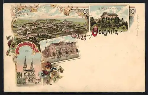 Lithographie Oelsnitz / Vogtland, königl. Strafanstalt Voigtsberg, Neue Schule, Kirche