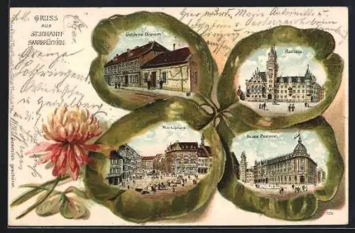 Passepartout-Lithographie St. Johann-Saarbrücken, Ansichten auf Kleeblatt, Goldene Bremm, Rathaus