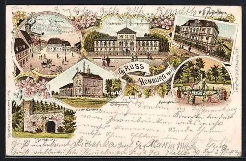 Lithographie Homburg / Pfalz, Electrische Centrale, Districts-Krankenhaus, Marktplatz