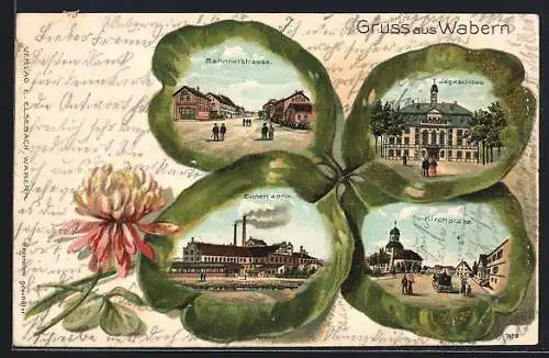 Passepartout-Lithographie Wabern / Hess., Bahnhofstrasse, Jagdschloss, Kirchplatz, Zuckerfabrik