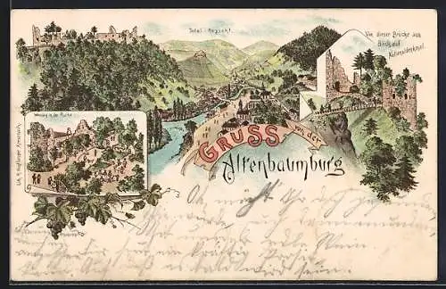 Lithographie Altenbaumburg, Totalansicht, Von dieser Brücke aus Blick auf Nationaldenkmal, Wohnung in der Ruine