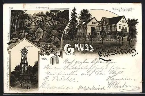 Lithographie Lützelbach / Brandau, Wildfrauen-Haus, Kaiserthurm, Gasthaus-Pension zur Sonne, Bes. Adam Mayer