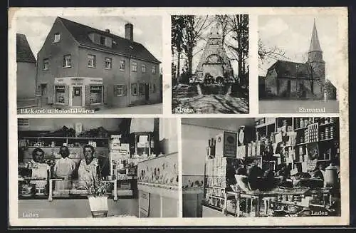 AK Wünschholzhausen / Thür., Bäckerei und Kolonialwaren, Kirche, Ehrenmal