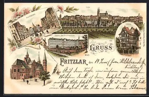 Lithographie Fritzlar, Casino, Kloster der Ursulinerinnen und Marktplatz