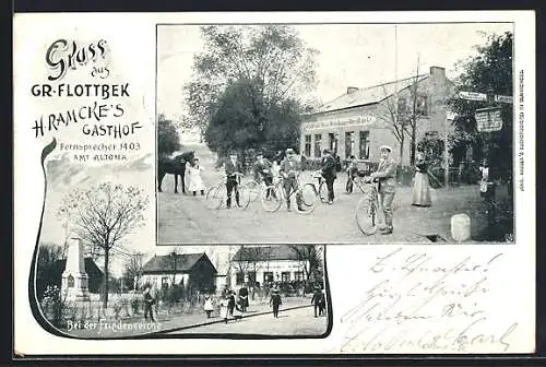 AK Hamburg-Altona, H. Ramckes Gasthof, mit Radfahrern und Wegweisern, Bei der Friedenseiche, mit Denkmal