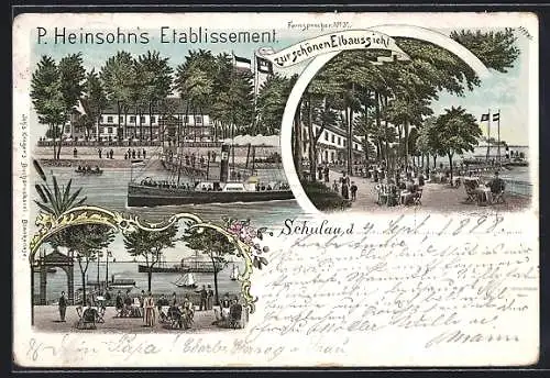 Lithographie Schulau, P. Heinsohn`s Etablissement Gastwirtschaft zur schönen Elbaussicht