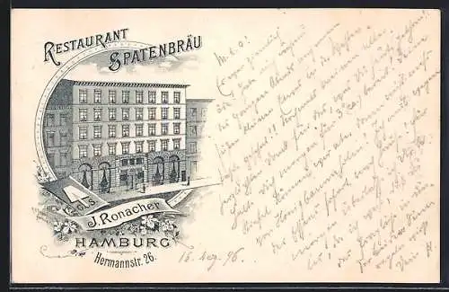 Lithographie Hamburg, Restaurant Spatenbräu J. Romacher, Hermannstr. 26, Ansicht aus der Vogelschau