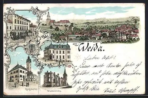 Lithographie Weida / Thür., Gesamtansicht, Bräunlich`s Hotel, Kaiserl. Postamt, Rathskeller, Wiedenkirche