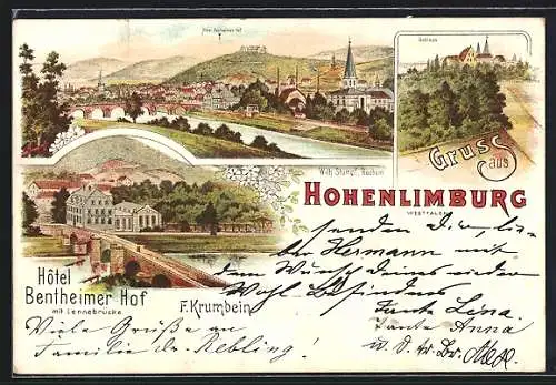 Lithographie Hohenlimburg, Schloss, Hotel Bentheimer Hof, Totalansicht mit Fluss