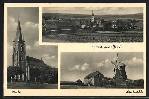 AK Stroit, Windmühlen-Panorama, Kirche, Gesamtansicht aus der Vogelschau