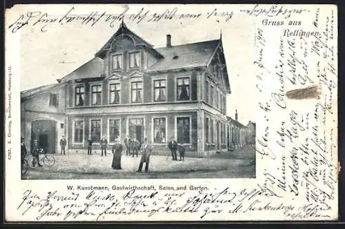 AK Rellingen, Gasthaus W. Kunstmann mit Tor, kleiner Versammlung u. Strasse