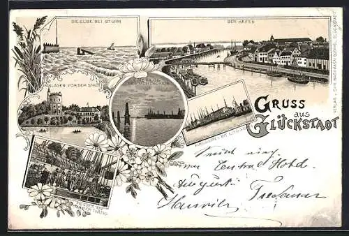 Lithographie Glückstadt, Elbe, Hafen, Fischerei mit Loggern