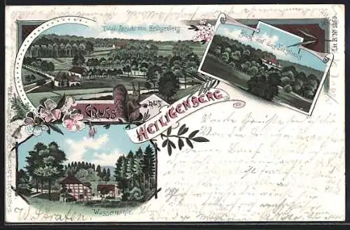 Lithographie Heiligenberg / Vilsen, Wassermühle, Forsthaus aus der Ferne, Totalansicht, Eichhörnchen