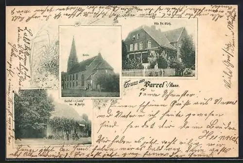 AK Varrel / Diepholz, Gasthof zur Linde W. Harje, Villa Frl. Wirth, Kirche