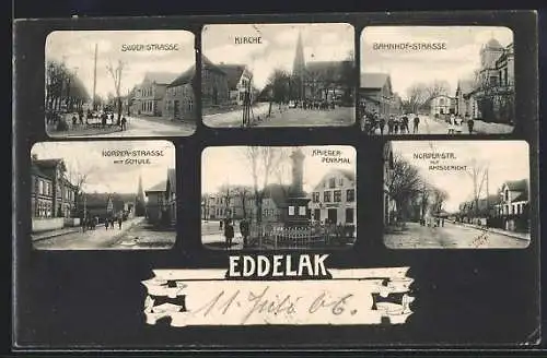 AK Eddelak, Bahnhof-Strasse, Kriegerdenkmal, Norder-Strasse mit Schule u. Amtsgericht