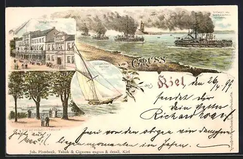 Lithographie Kiel, Hôtel Bellevue, Blick auf den Hafen, Einfahrt des Geschwaders in den Hafen