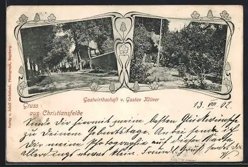 AK Christiansfelde, Gasthaus Gustav Klüver mit Strasse und Garten, Ornamente