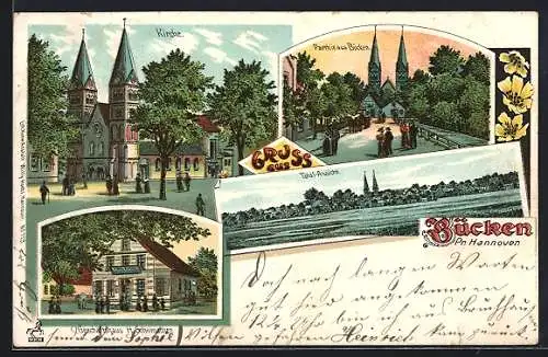 Lithographie Bücken /Hannover, Kirche, GEschäftshaus H. Schumacher und Partie aus Bücken