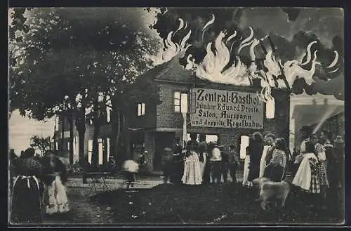 AK Kaltenkirchen, Brand des Zentral-Gasthofs 1909