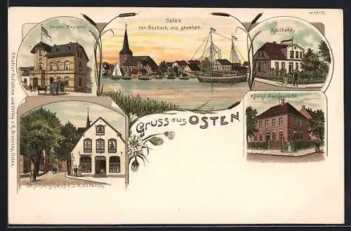 Lithographie Osten, Geschäftshaus, Apotheke, Königl. Amtsgericht