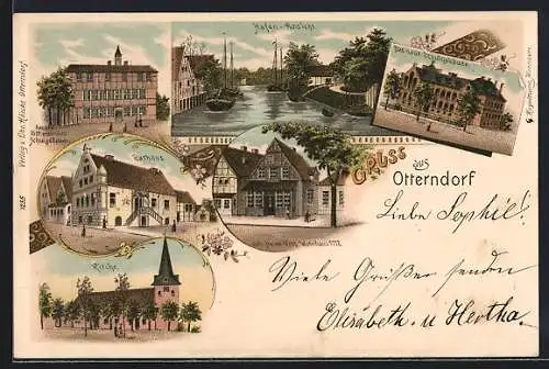 Lithographie Otterndorf, Wohnhaus Heinrich Voss, Neues Schulgebäude, Rathaus