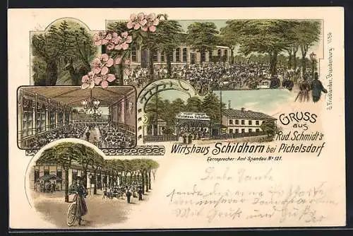 Lithographie Berlin-Grunewald, Gasthaus Schildhorn, Innenansicht vom Speisesaal, Hirsche