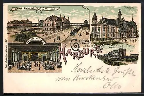 Lithographie Hamburg-Harburg, Bahnhof, Rathaus, Wartesaal I & II Cl., Elbbrücke