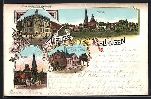 Lithographie Rellingen, F. Wördemanns Gasthaus, Colonialwarenhandlung F. Stoldt, Kirche