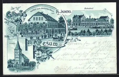 Lithographie Lesum, Gasthof zum deutschen Hause v. H. Jachens und Bahnhof