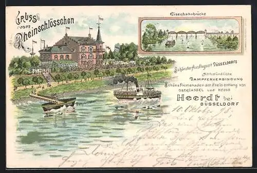 Lithographie Heerdt, Gasthaus Rheinschlösschen, Eisenbahnbrücke