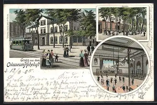 Lithographie Hamburg-Hoheluft, Gasthaus Colosseum mit Strassenbahn, Inneres Saal, Garten