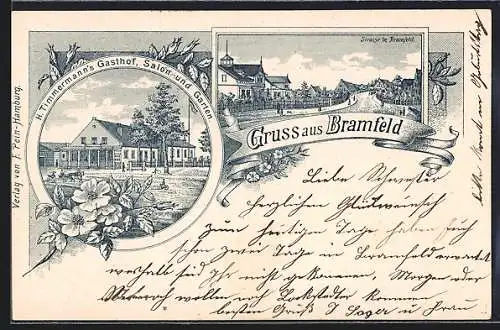 Lithographie Hamburg-Bramfeld, H. Timmermann`s Gasthof und Strassenpartie