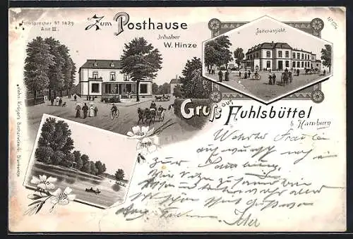 Lithographie Hamburg-Fuhlsbüttel, Gasthaus Zum Posthause, Inh. W. Hinze, Vorder- und Seitenansicht, Alsterpartie