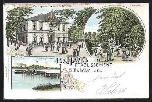 Lithographie Hamburg-Billwärder, Ortspartie am Gasthaus J.W.v.Haves mit Park und Dampfschiffstation