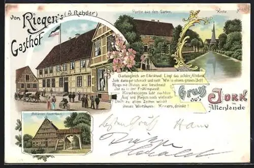 Lithographie Jork /Altenlande, Von Riegen`s Gasthof ( J. Rehder), Gartenpartie, Altländer Bauernhaus