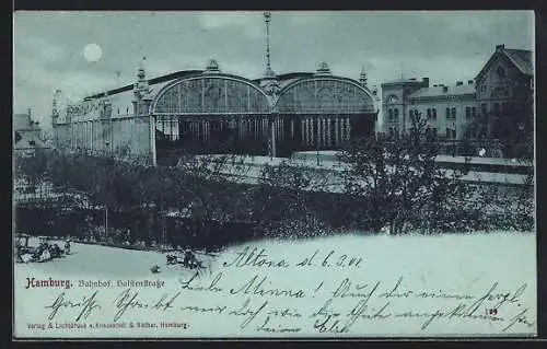 Mondschein-AK Hamburg-Altona, Bahnhof Holstenstrasse bei Nacht