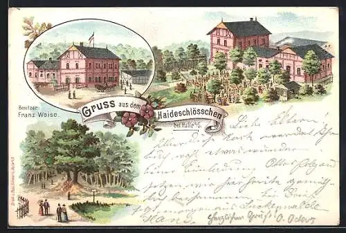 Lithographie Halle /Saale, Gasthaus Haideschlösschen von Franz Weise