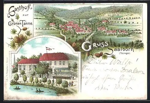 Lithographie Saalborn /Thüringen, Gasthof zur grünen Tanne und Gesamtansicht