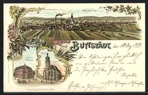 Lithographie Buttstädt, Kaiserl. Postamt, Kirche und Kriegerdenkmal