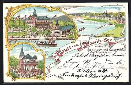 Lithographie Erkner, Dämeritz-See von Erkner aus gesehen und Hessenwinkel