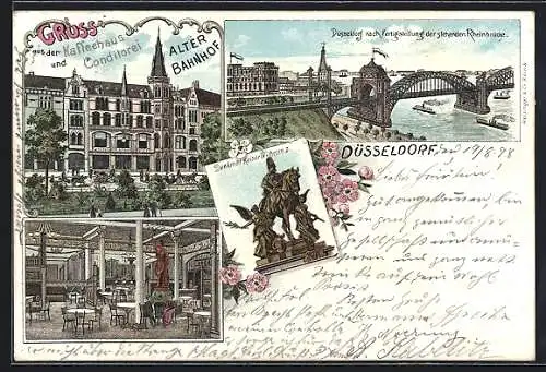 Lithographie Düsseldorf, Cafe & Konditorei Alter Bahnhof, Innenansicht, Denkmal Kaiser Wilhelm I.