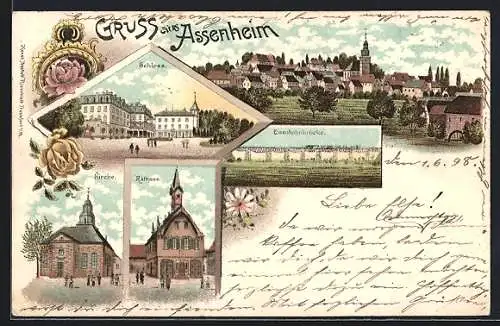 Lithographie Assenheim / Hessen, Eisenbahnbrücke, Schloss, Kirche, Rathaus