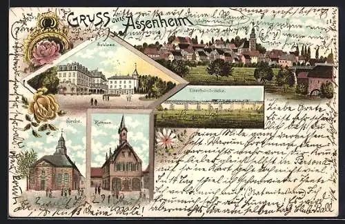 Lithographie Assenheim / Hessen, Eisenbahnbrücke, Schloss, Kirche, Rathaus