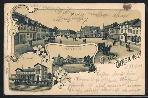 Lithographie Gerstungen, Markt mit Kutschen, Bahnhof mit Zug, Werrabrücke