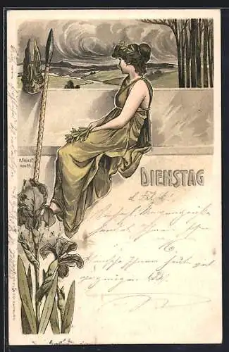 Künstler-Lithographie H. Fründt: Dame schaut auf den Fluss hinaus, Dienstag, Allegorie