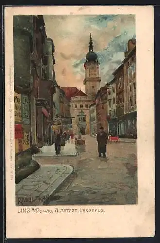 Künstler-Lithographie Raoul Frank: Linz, Altstadt, Landhaus