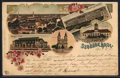 Lithographie Szadadka, Ortsansicht, Schloss, Templom