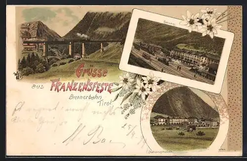 Lithographie Franzensfeste, Brennerbahn, Bahnhof, Stationsgebäude, Brücke