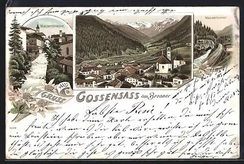 Lithographie Gossensass am Brenner, Ortsansicht, Wassertunnel, Wasserstrasse