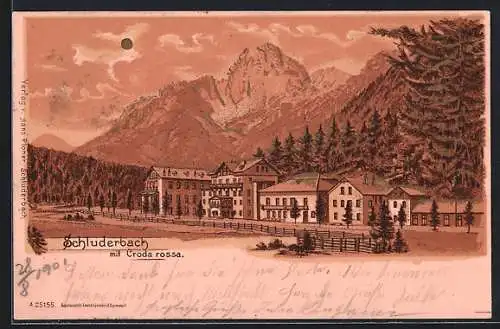 Lithographie Schluderbach, Ortsansicht mit Croda Rossa